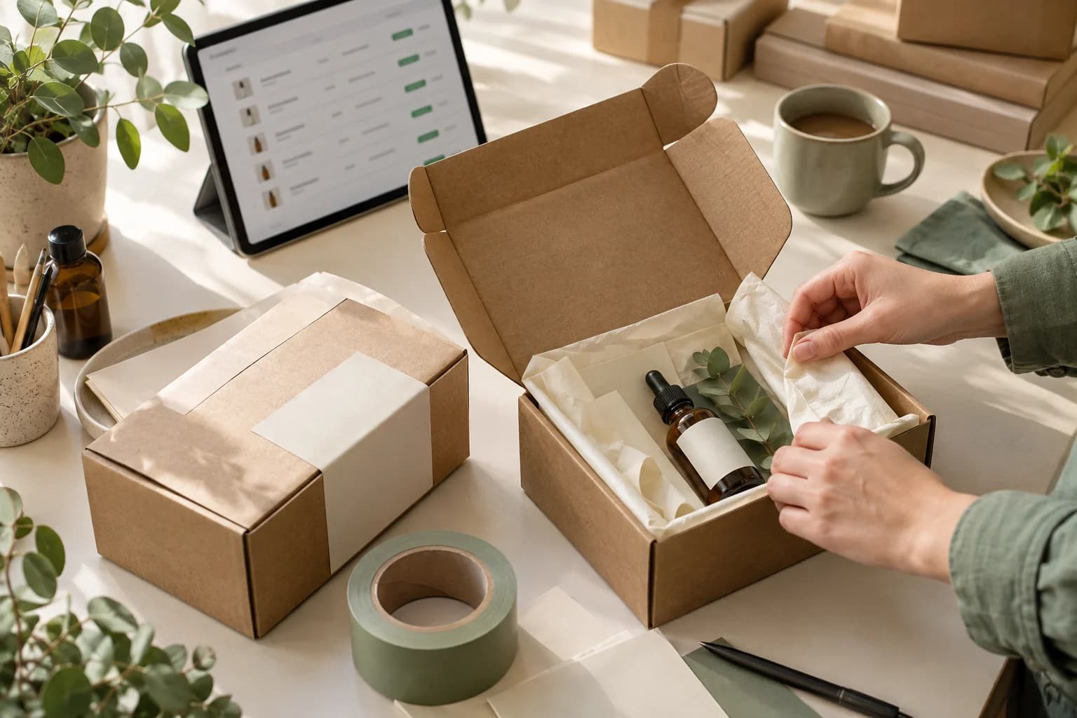 Krem kâğıt ve serum şişesi içeren kargo kutusu ile sipariş tabletinin bulunduğu düzenli paketleme masası