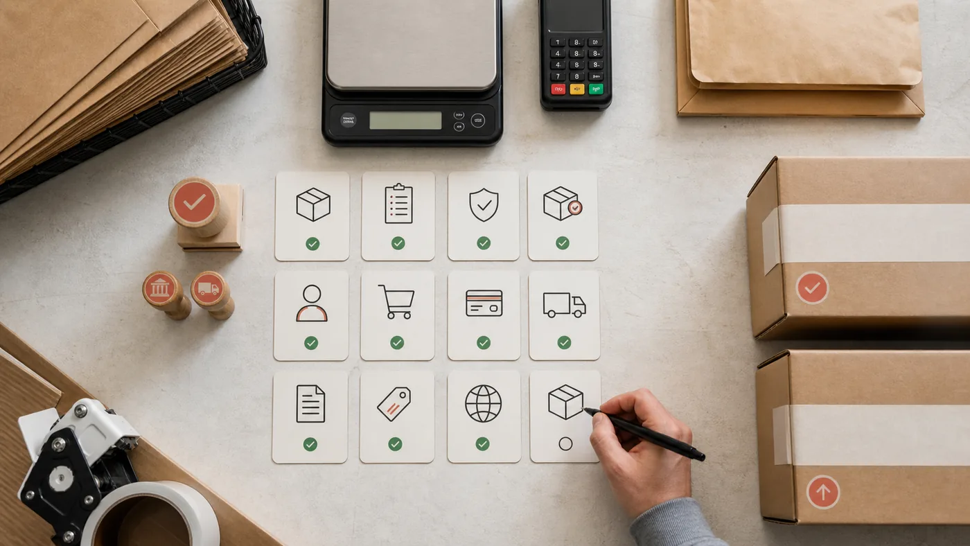A top-down launch checklist beside shipping, payment and packing tools