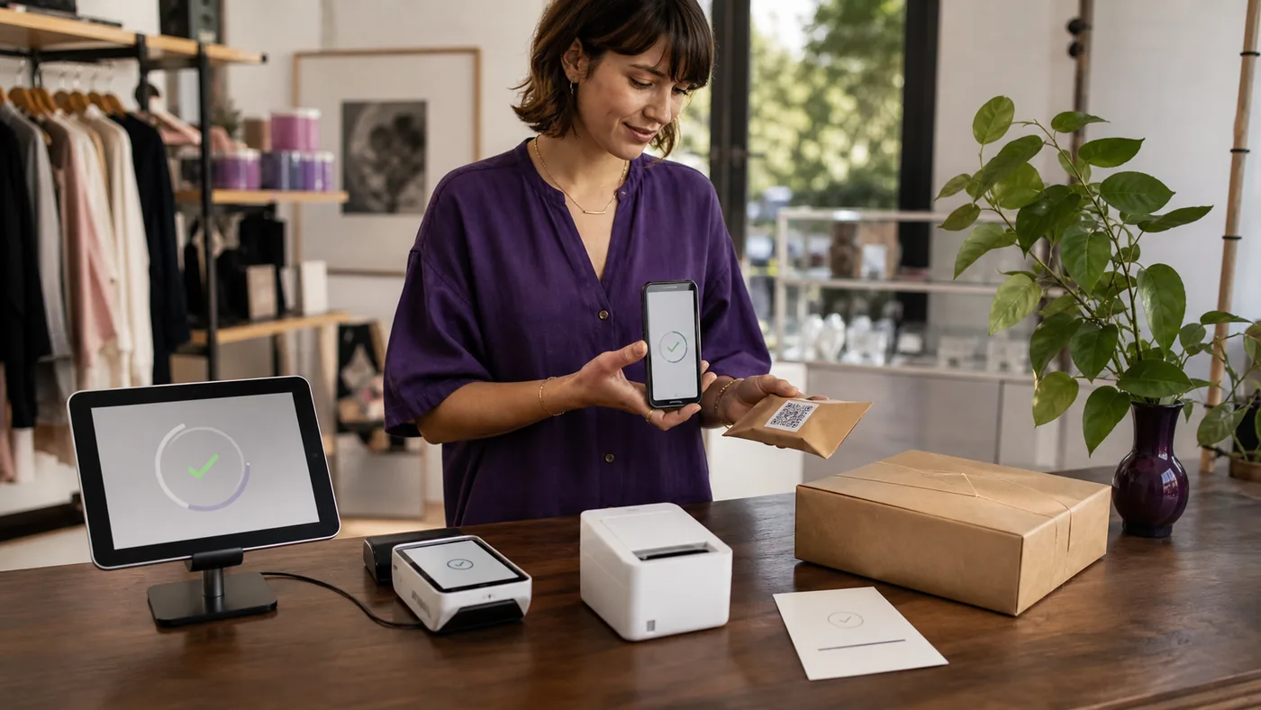 A boutique owner testing checkout and order handoff at the shop counter