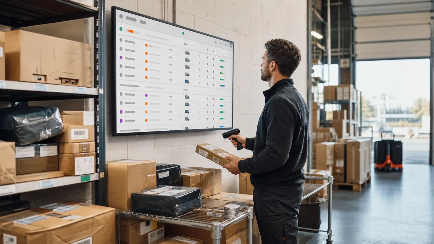 An ecommerce operator scanning a package while reviewing order statuses
