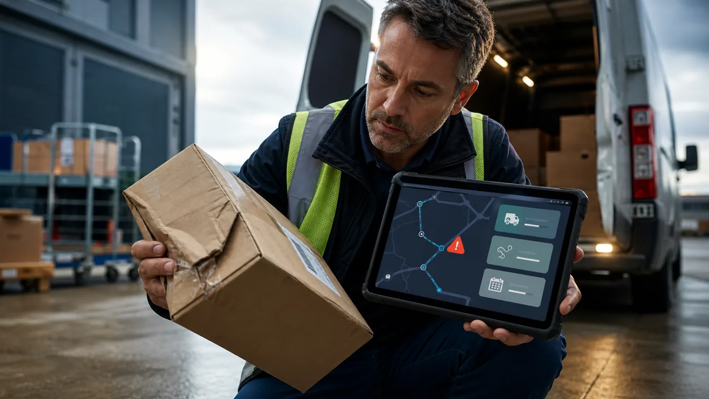 A logistics manager comparing a damaged parcel with route recovery options