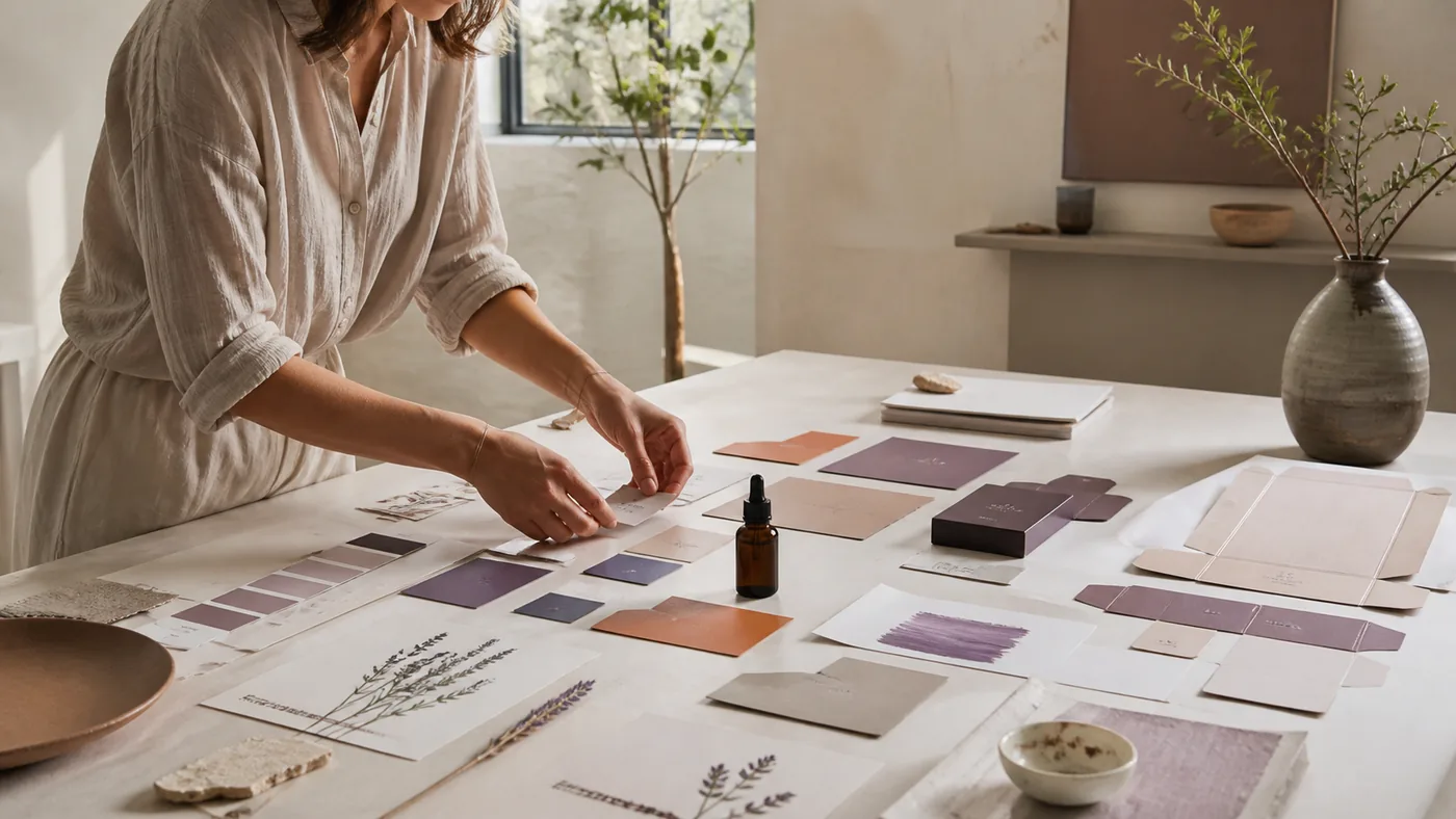 A creative director arranging colour swatches, packaging dielines and brand materials