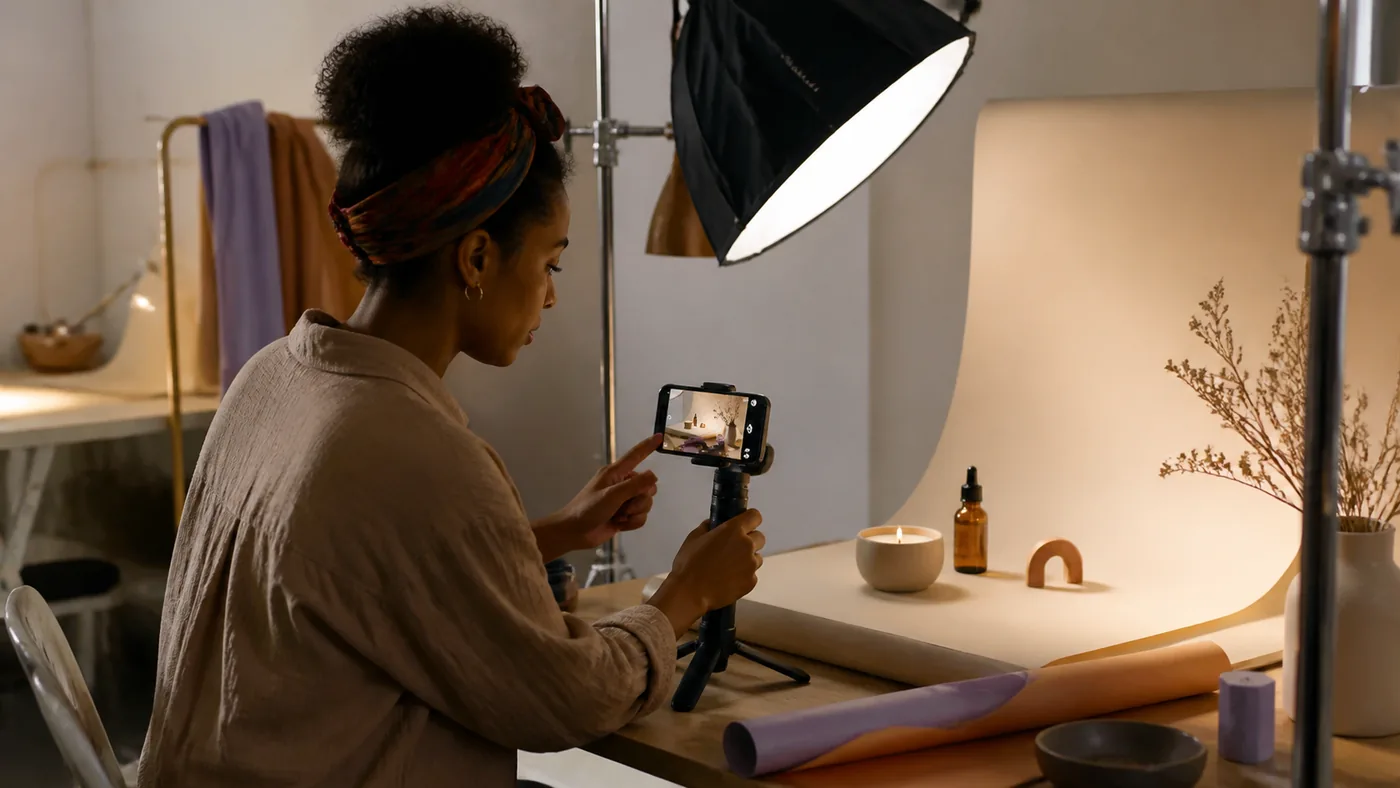 A creator filming products with a smartphone in a compact content studio