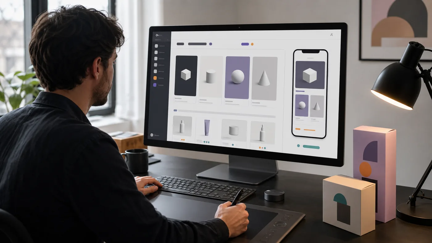 A designer building desktop and mobile storefront layouts on a large monitor