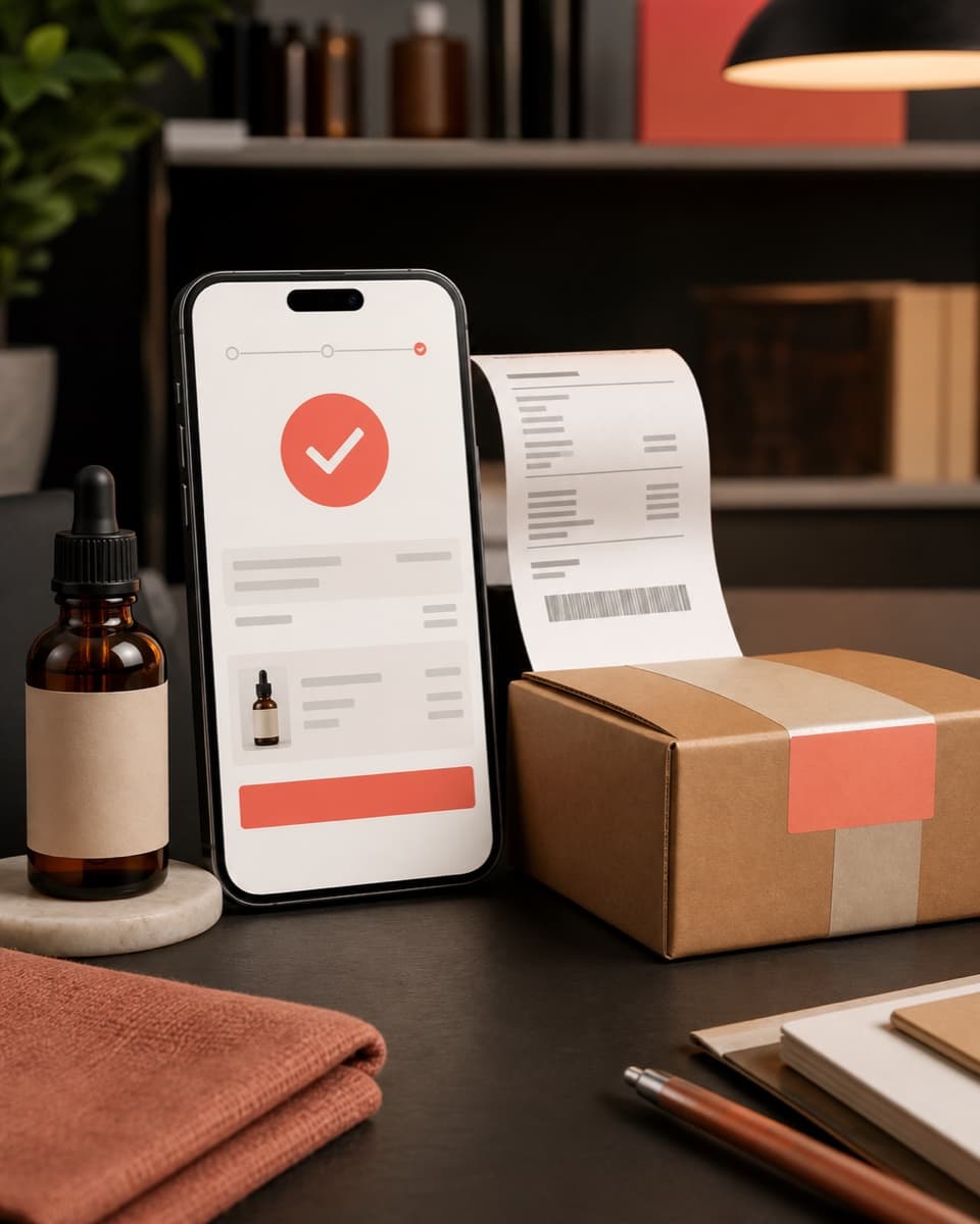 Test fişi, serum şişesi ve paketli sipariş yanındaki doğrulanmış mobil checkout